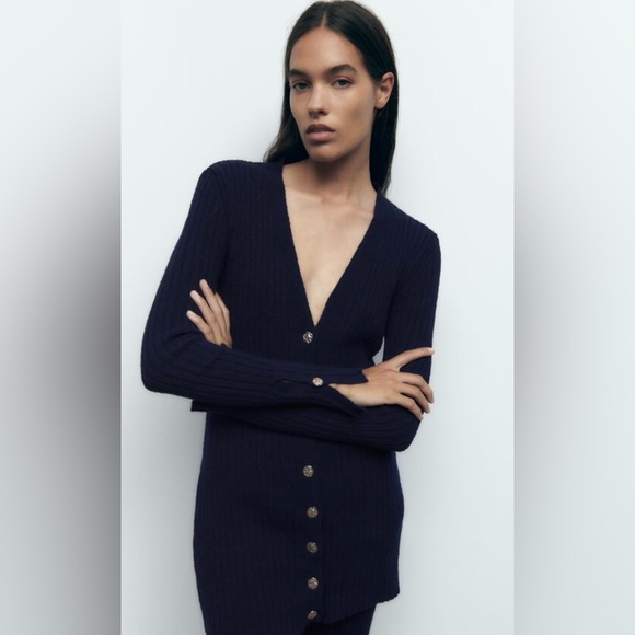 Gold buttoned rib knit cardigan sweater - Picture 1 of 6